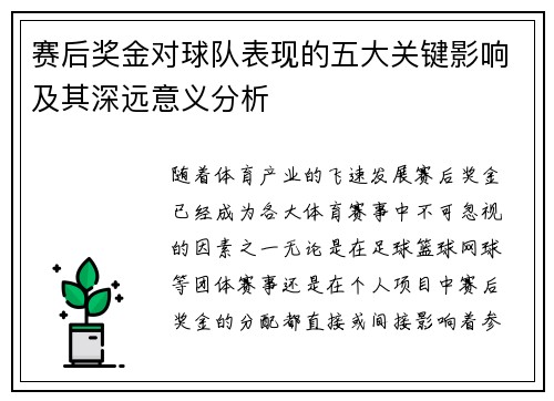 赛后奖金对球队表现的五大关键影响及其深远意义分析